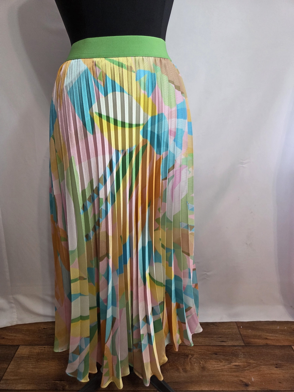 Bariloche Made In Spain Pleated A-Line Midi Skirt Green Waistband Size 8 US
